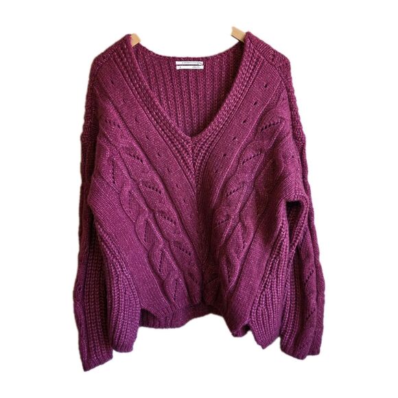 ANTHROPOLOGIE Ramona Cable-Knit V-Neck Sweater Size Medium M Berry Red - Picture 4 of 9